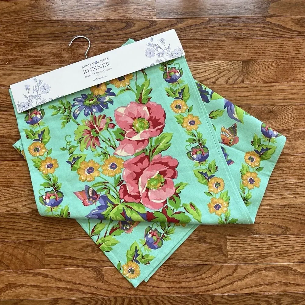April Cornell Pennys Patio Table Runner Teal Pink Cotton 16x90 Butterfly Cottage